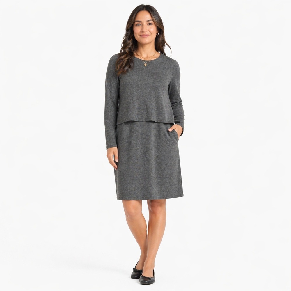 Pure Jill Luxe Tencel Dress Grey Petite Small PS Tulip Back‎ Layered Long Sleeve